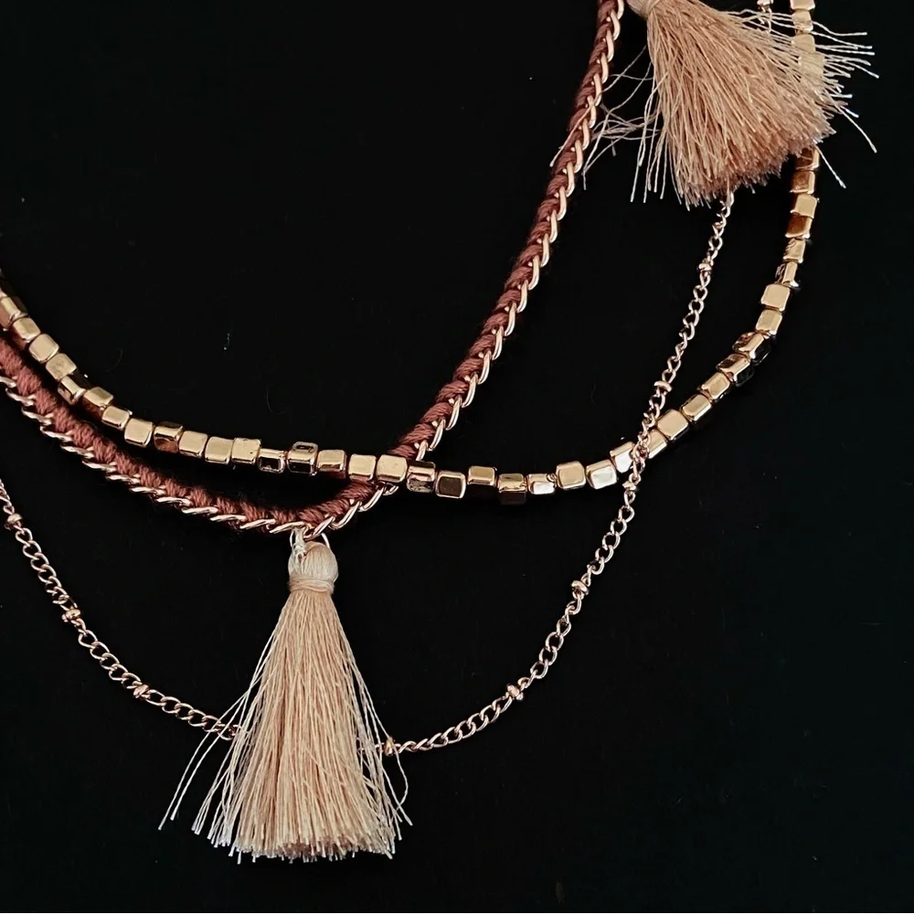 Tasseled Tassel Beaded Statement Multi Layer Boho Necklace in Rose Gold